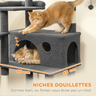 PawHut - Arbre à chat plateformes hamacs jouets griffoirs H.174cm - gris