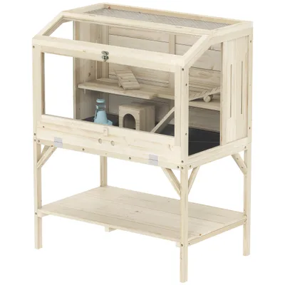 PawHut - Cage Hamster en Bois 2 Niveaux, Étagère, Accessoires H.110cm