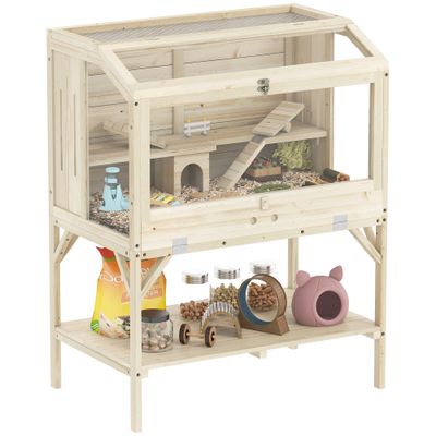 PawHut - Cage Hamster en Bois 2 Niveaux, Étagère, Accessoires H.110cm