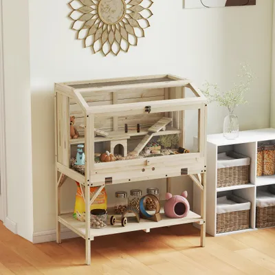 PawHut - Cage Hamster en Bois 2 Niveaux, Étagère, Accessoires H.110cm