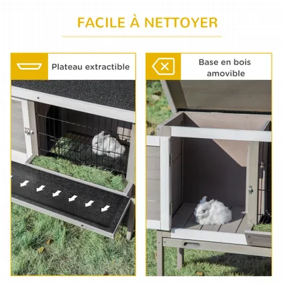 PawHut - Clapier 2 portes toit ouvrant plateau coulissant - gris blanc