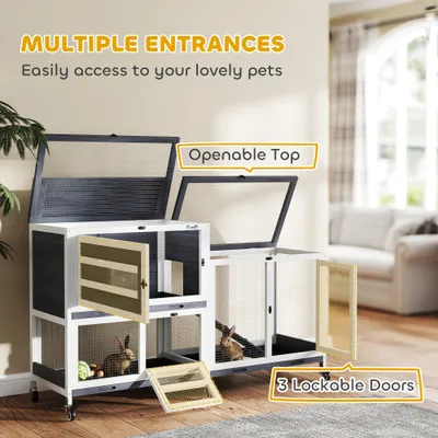 PawHut - Clapier mobile 3 portes 2 toits ouv. 3 pl. déj. - blanc gris