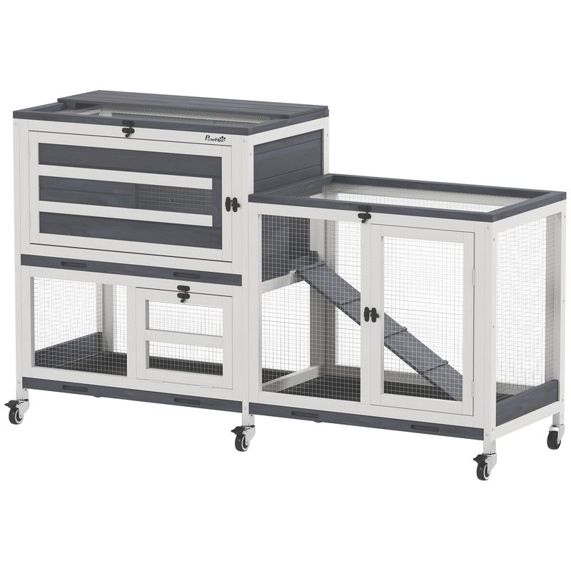 PawHut - Clapier mobile 3 portes 2 toits ouv. 3 pl. déj. - blanc gris