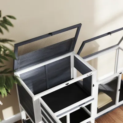 PawHut - Clapier mobile 3 portes 2 toits ouv. 3 pl. déj. - blanc gris