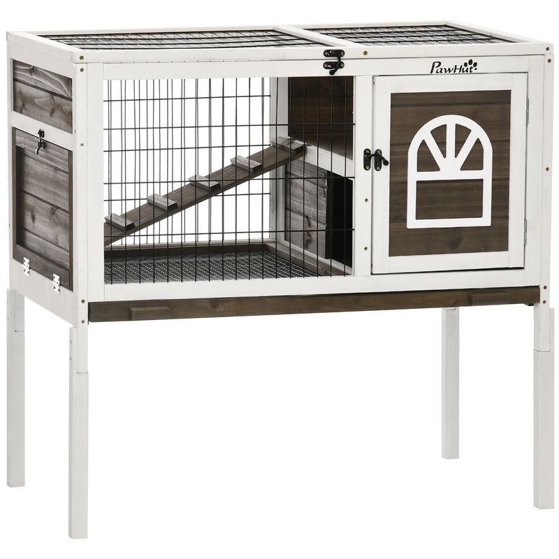 PawHut - Clapier lapin 2 portes verr. toit ouv. plateau excr. - bois blanc