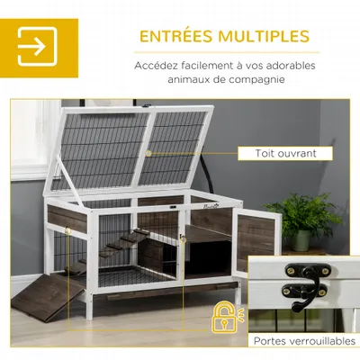PawHut - Clapier lapin 2 portes verr. toit ouv. plateau excr. - bois blanc