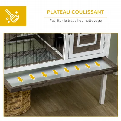 PawHut - Clapier lapin 2 portes verr. toit ouv. plateau excr. - bois blanc