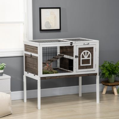 PawHut - Clapier lapin 2 portes verr. toit ouv. plateau excr. - bois blanc