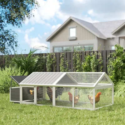 PawHut - Poulailler 2 Zones Toit Ouvrant et Porte - H.76cm - Gris Blanc