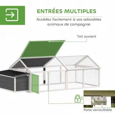 PawHut - Poulailler 2 Zones Toit Ouvrant et Porte - H.76cm - Gris Blanc