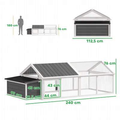 PawHut - Poulailler 2 Zones Toit Ouvrant et Porte - H.76cm - Gris Blanc