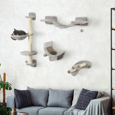 PawHut - Mur d'escalade chat avec hamac passerelle grattoir balles - gris