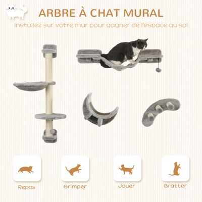 PawHut - Mur d'escalade chat avec hamac passerelle grattoir balles - gris