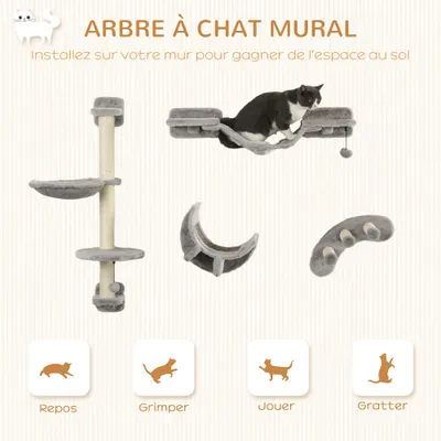 PawHut - Mur d'escalade chat avec hamac passerelle grattoir balles - gris PawHut - Mur d'escalade chat avec hamac passerelle grattoir balles - gris