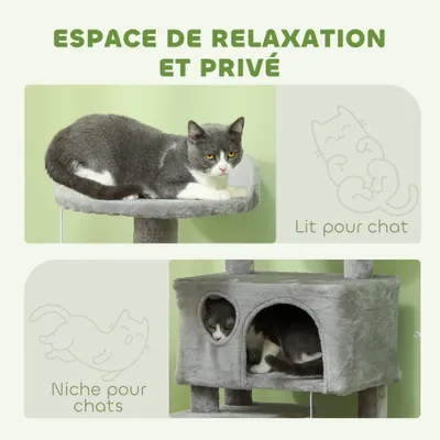PawHut - Arbre à chat avec 2 niches 2 jouets pompons-gris