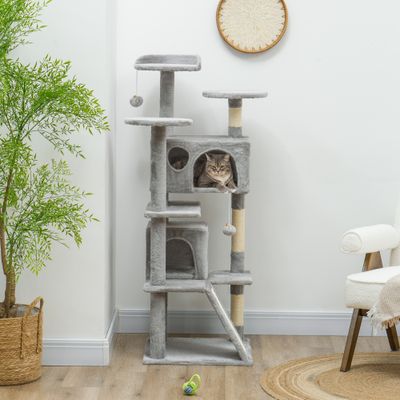 PawHut - Arbre à chat avec 2 niches 2 jouets pompons-gris