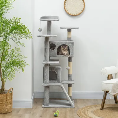 PawHut - Arbre à chat avec 2 niches 2 jouets pompons-gris