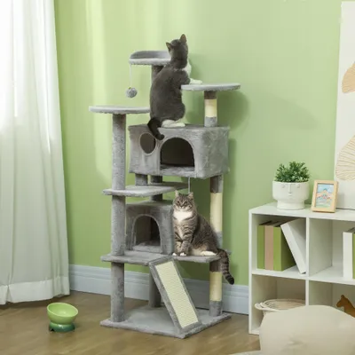 PawHut - Arbre à chat avec 2 niches 2 jouets pompons-gris