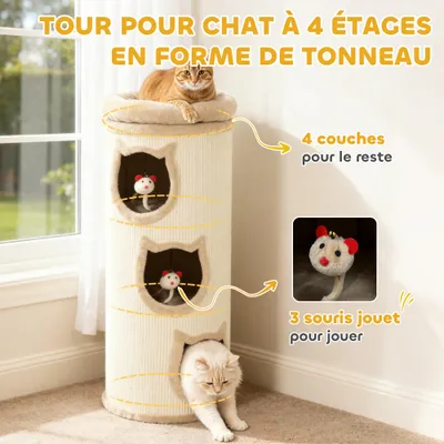 PawHut - Arbre à chat 3 niches, 3 jouets, panier haut-beige PawHut - Arbre à chat 3 niches, 3 jouets, panier haut-beige