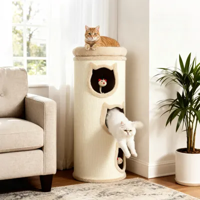 PawHut - Arbre à chat 3 niches, 3 jouets, panier haut-beige PawHut - Arbre à chat 3 niches, 3 jouets, panier haut-beige