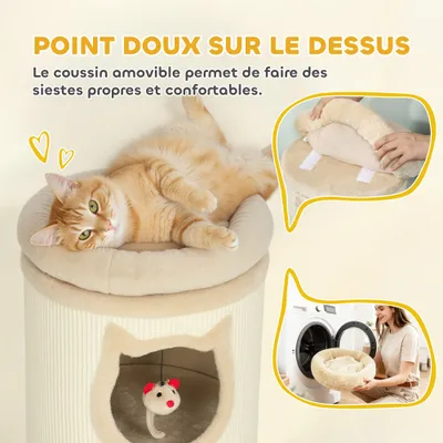 PawHut - Arbre à chat 3 niches, 3 jouets, panier haut-beige PawHut - Arbre à chat 3 niches, 3 jouets, panier haut-beige