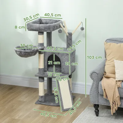 PawHut - Arbre à chat avec niche, hamac, plateforme et griffoirs - gris PawHut - Arbre à chat avec niche, hamac, plateforme et griffoirs - gris