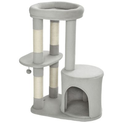 PawHut - Arbre à chat niche 2 plateformes boule griffoirs H.90 cm - gris
