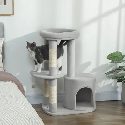 PawHut - Arbre à chat niche 2 plateformes boule griffoirs H.90 cm - gris PawHut - Arbre à chat niche 2 plateformes boule griffoirs H.90 cm - gris