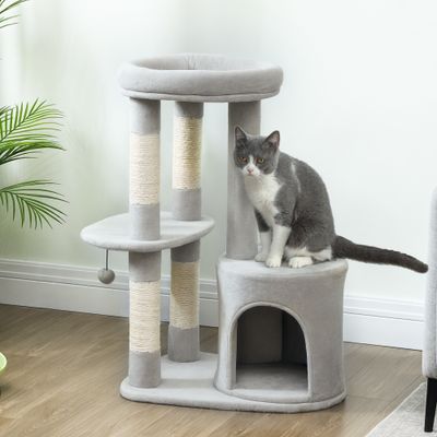 PawHut - Arbre à chat niche 2 plateformes boule griffoirs H.90 cm - gris