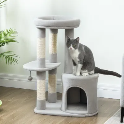PawHut - Arbre à chat niche 2 plateformes boule griffoirs H.90 cm - gris PawHut - Arbre à chat niche 2 plateformes boule griffoirs H.90 cm - gris