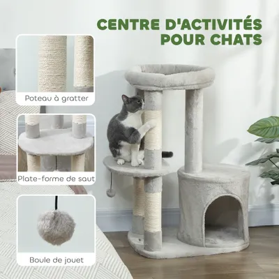 PawHut - Arbre à chat niche 2 plateformes boule griffoirs H.90 cm - gris PawHut - Arbre à chat niche 2 plateformes boule griffoirs H.90 cm - gris