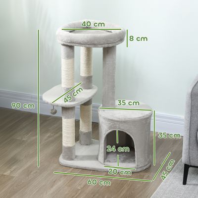 PawHut - Arbre à chat niche 2 plateformes boule griffoirs H.90 cm - gris