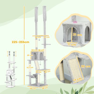 PawHut - Arbre à chat XXL réglable 6 niv. H.225-255 cm - gris clair