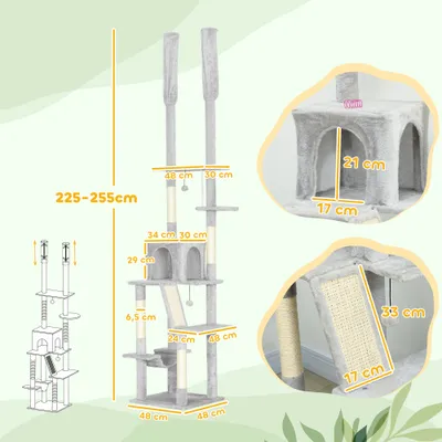 PawHut - Arbre à chat XXL réglable 6 niv. H.225-255 cm - gris clair