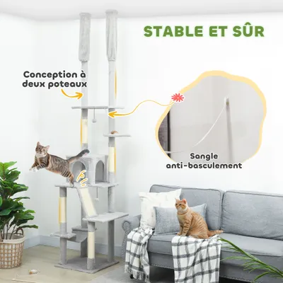 PawHut - Arbre à chat XXL réglable 6 niv. H.225-255 cm - gris clair