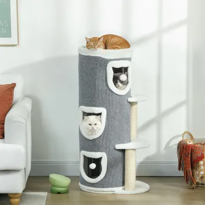 PawHut - Tour pour chat 4 niv. 3 balles jeu et griffoirs H.101cm-Gris Blanc PawHut - Tour pour chat 4 niv. 3 balles jeu et griffoirs H.101cm-Gris Blanc