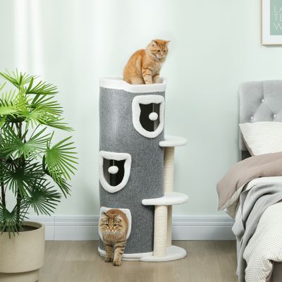 PawHut - Tour pour chat 4 niv. 3 balles jeu et griffoirs H.101cm-Gris Blanc