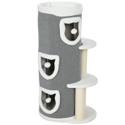 PawHut - Tour pour chat 4 niv. 3 balles jeu et griffoirs H.101cm-Gris Blanc