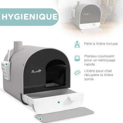 PawHut - Maison de toilette litière chat porte battante pelle filtre