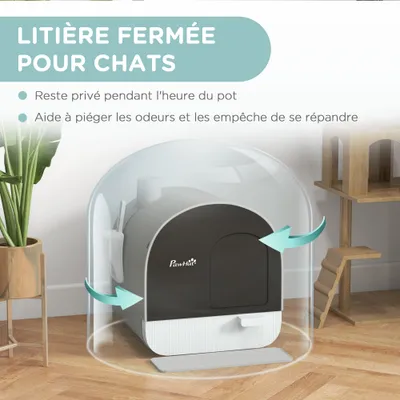 PawHut - Maison de toilette litière chat porte battante pelle filtre
