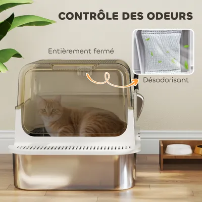 PawHut - Bac à Litière fermé pelle couvercle ouvrant désodo. - blanc fumé PawHut - Bac à Litière fermé pelle couvercle ouvrant désodo. - blanc fumé
