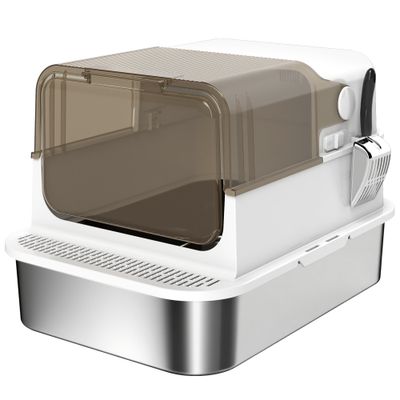 PawHut - Bac à Litière fermé pelle couvercle ouvrant désodo. - blanc fumé