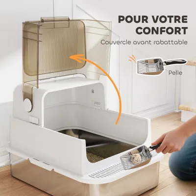 PawHut - Bac à Litière fermé pelle couvercle ouvrant désodo. - blanc fumé PawHut - Bac à Litière fermé pelle couvercle ouvrant désodo. - blanc fumé