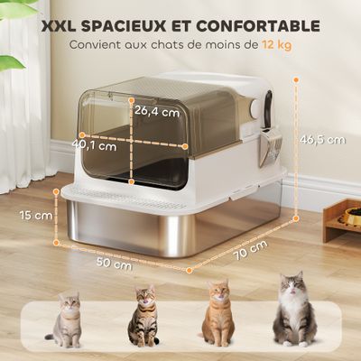 PawHut - Bac à Litière fermé pelle couvercle ouvrant désodo. - blanc fumé