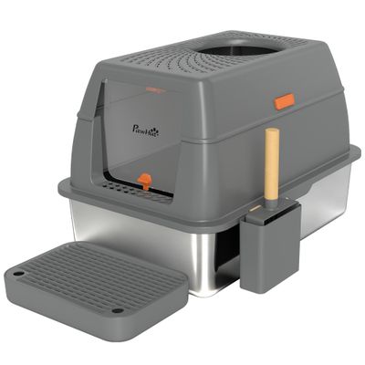 PawHut - Bac litière fermé inox - pelle couv. ouvrant entrée verrou. - gris