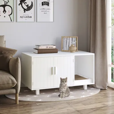 PawHut - Litière Chat 2 portes, niche, grattoir amovible-blanc PawHut - Litière Chat 2 portes, niche, grattoir amovible-blanc