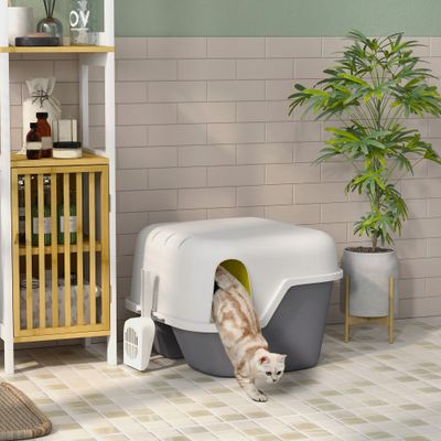 PawHut - Bac à litière semi-fermé verrouillable et pelle H.39cm-crème