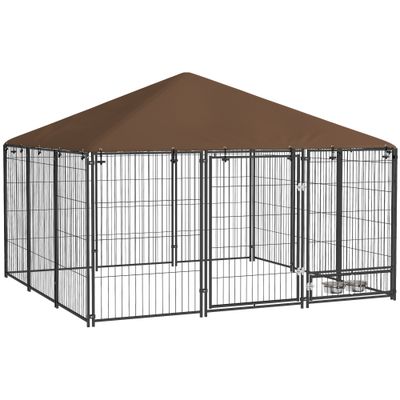 PawHut - Chenil extérieur couvert 2 gamelles rotatifs porte verou. - noir