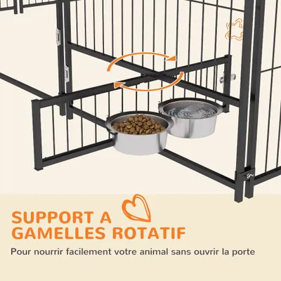PawHut - Chenil extérieur couvert 2 gamelles rotatifs porte verou. - noir