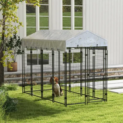 PawHut - Enclos chien - Toit anti-UV étanche 2 portes verrou. - noir gris